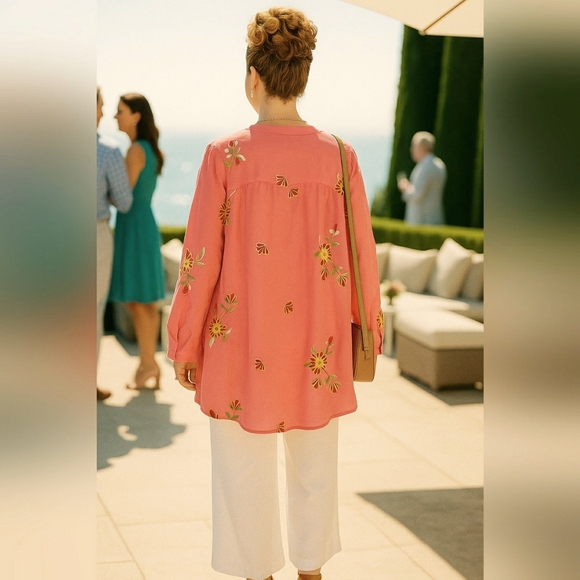 New Boho 2XL Chic Coral Artisy Lagenlook Embroidered Floral Tunic Top - Picture 3 of 11